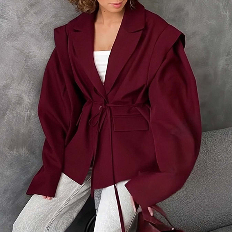 Ladies tailored blazer with tie belt and oversized sleeves Mune Fashion