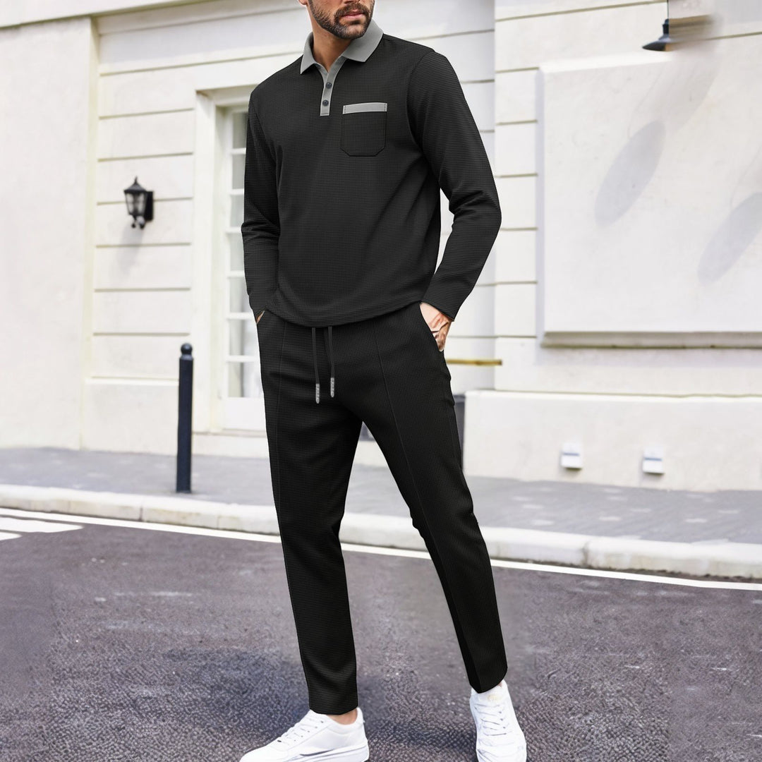 Men's travel-friendly lounge set with long-sleeve polo shirt, chest pocket, and tapered jogger pants Mune Fashion