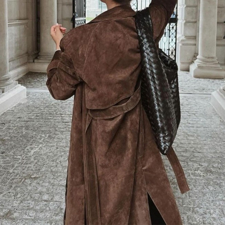 Women long suede trench coat double-breasted with waist belt Mune Fashion