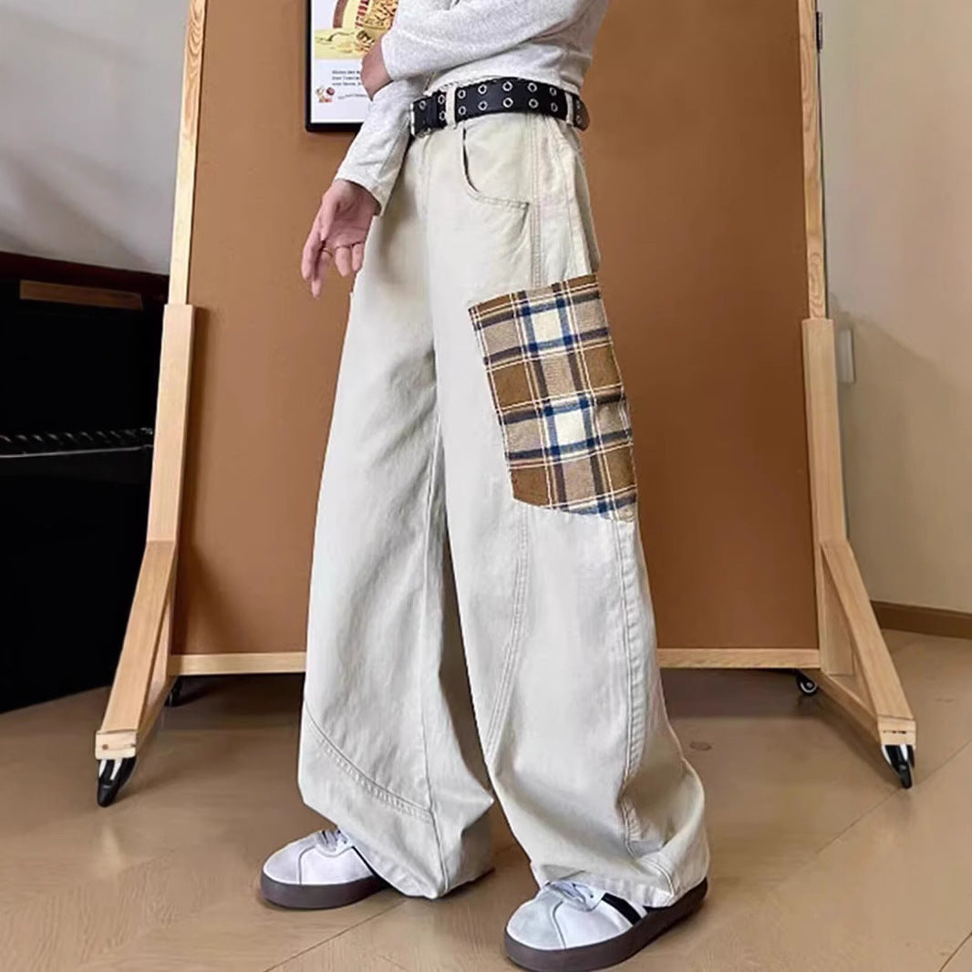 Women Wide-Cut Cargo Pants with Checkered Pattern Mune Fashion