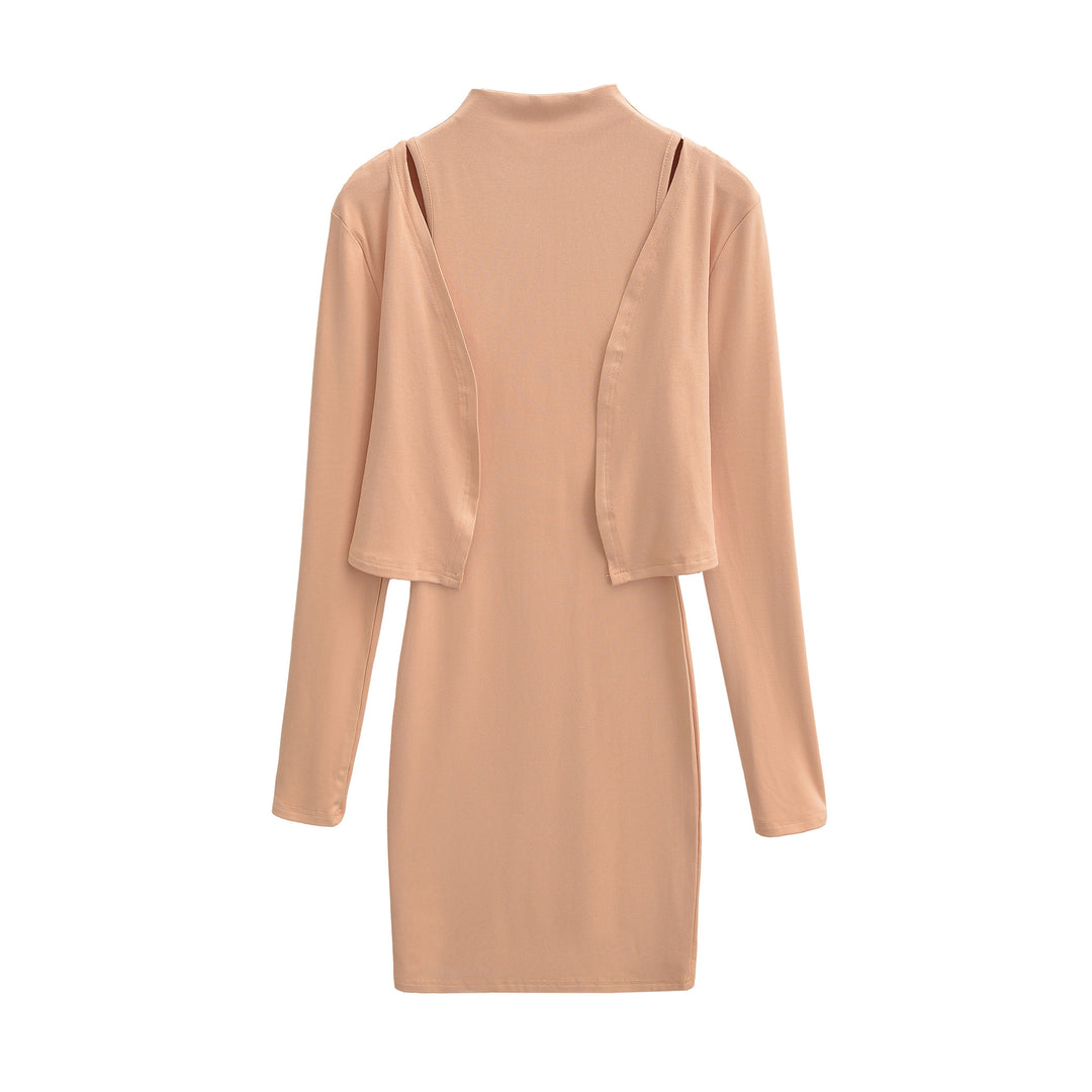 Ladies Figured Close-Fitting Midi Dress with Integrated Bolero and Stand-Up Collar Mune Fashion