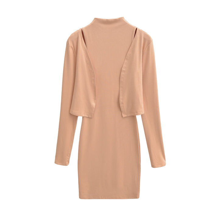 Ladies Figured Close-Fitting Midi Dress with Integrated Bolero and Stand-Up Collar Mune Fashion