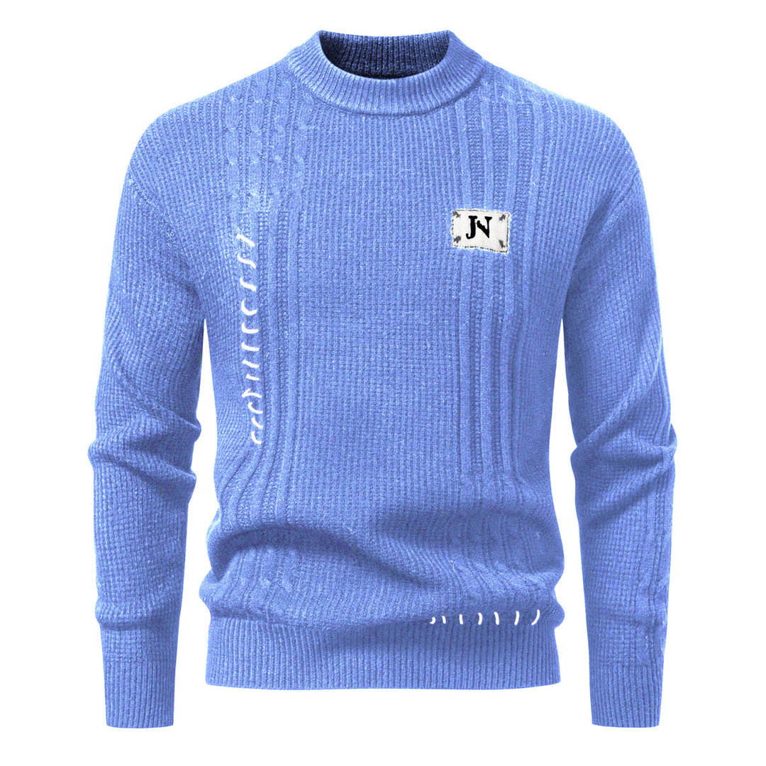 Men's Structured Ribbed Knit Pullover with Decorative Seams and Logo Patch Mune Fashion