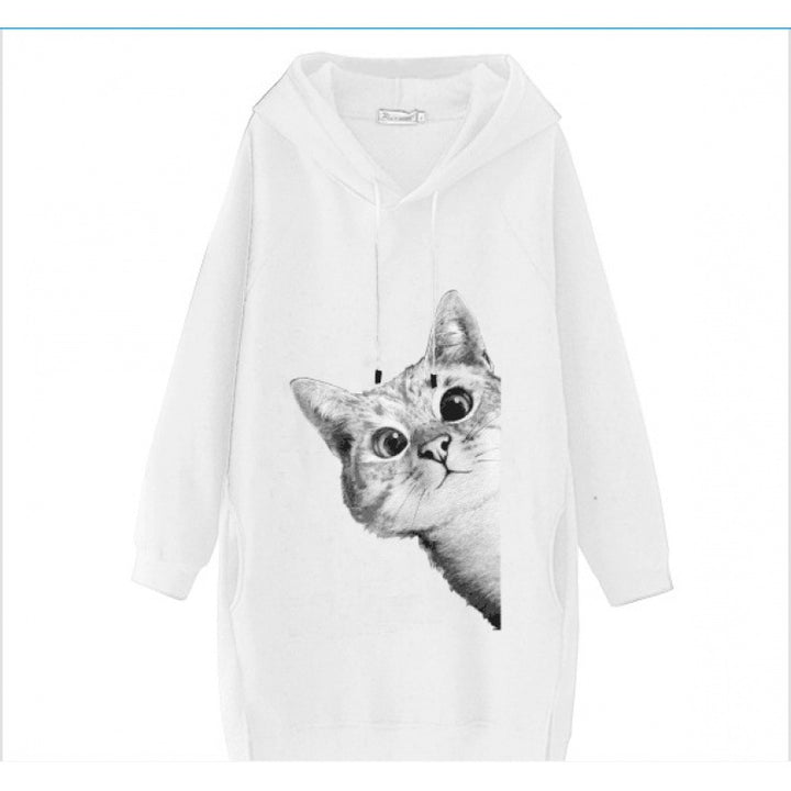 Ladies Oversize Hooded Dress made of Sweat Fabric with Large Cat Print and Side Pockets Mune Fashion