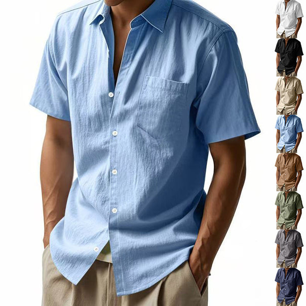 Men's short-sleeved textured shirt made of breathable slub linen with a spread collar, chest pocket, and straight hem Mune Fashion