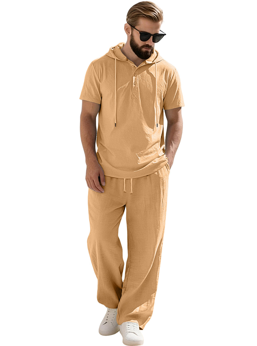Men's casual short-sleeve hooded shirt in crinkled cotton blend with Henley button placket Mune Fashion