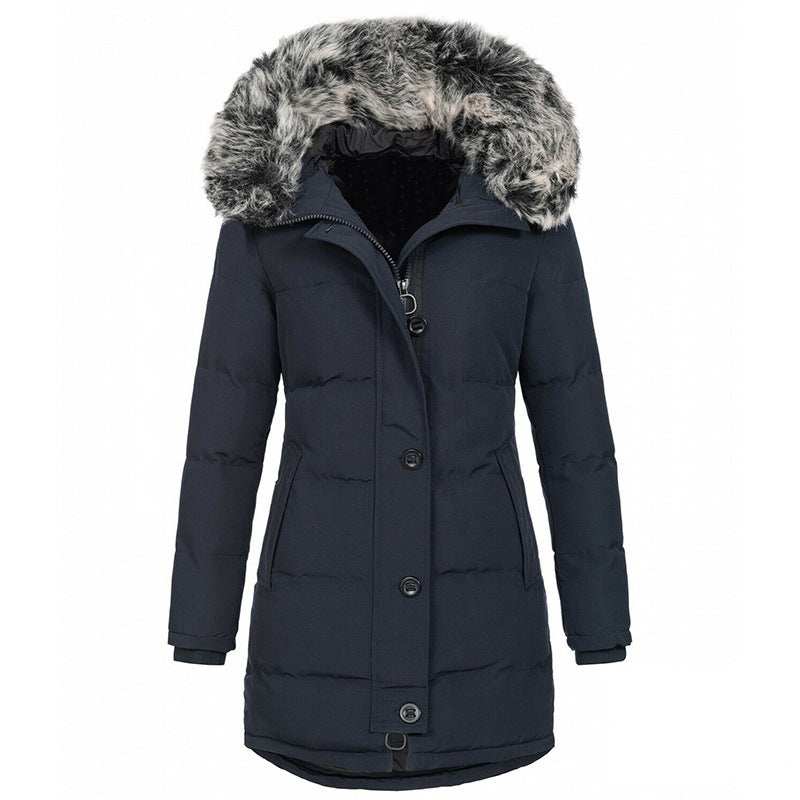 Women's thermo parka with fitted silhouette, button placket & removable faux fur hood Mune Fashion