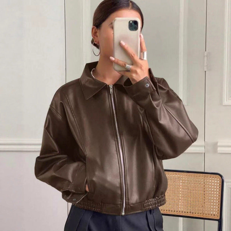 Women's Oversized Leather Jacket in Bomber Style with Elastic Hem Mune Fashion