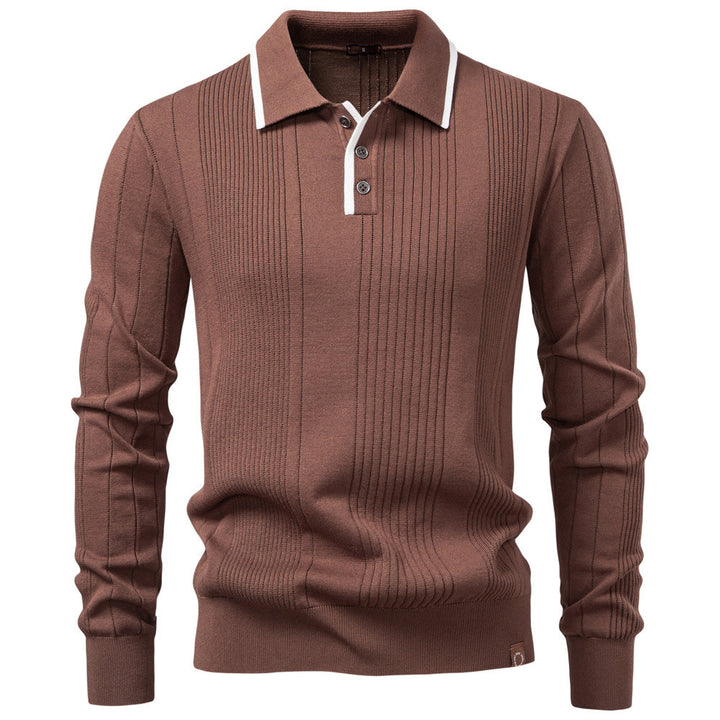 Men's long-sleeved polo sweater made of fine knit with vertical ribbed intarsias and contrast edges Mune Fashion