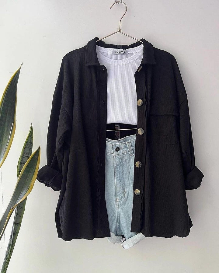 Women's Oversized Cord Shirt Jacket made of Wide Corduroy with Chest Pocket and Wooden Buttons Mune Fashion