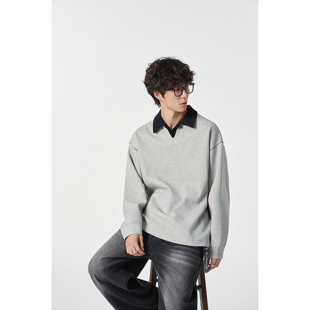 Men's Relaxed Sweatshirt with Polo Collar and Decorative Shoulder Seam Mune Fashion