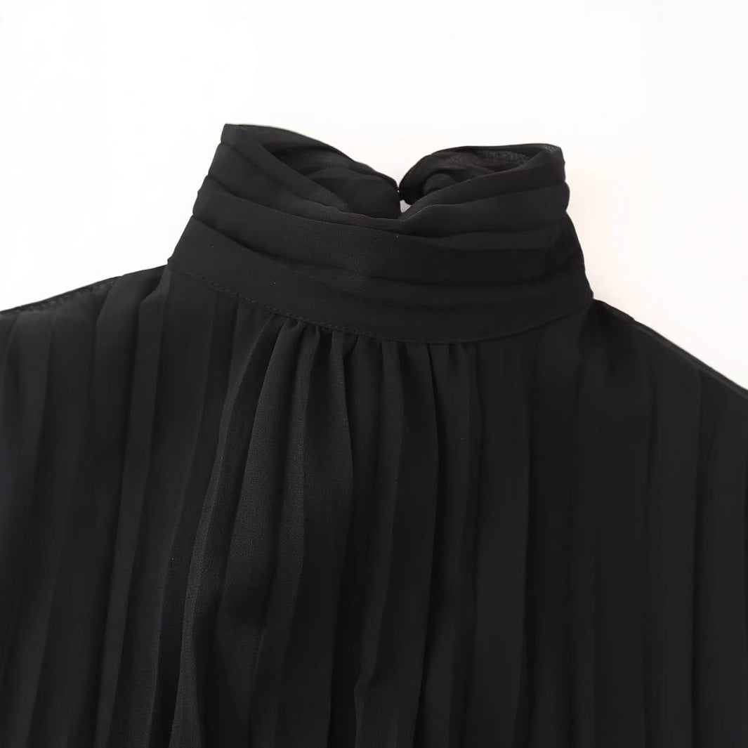Women's Chiffon Mini Dress with Bow Collar, Pleated Long Sleeves and Fitted Skirt Mune Fashion