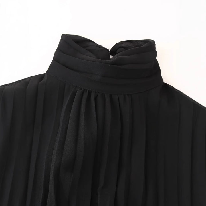 Women's Chiffon Mini Dress with Bow Collar, Pleated Long Sleeves and Fitted Skirt Mune Fashion