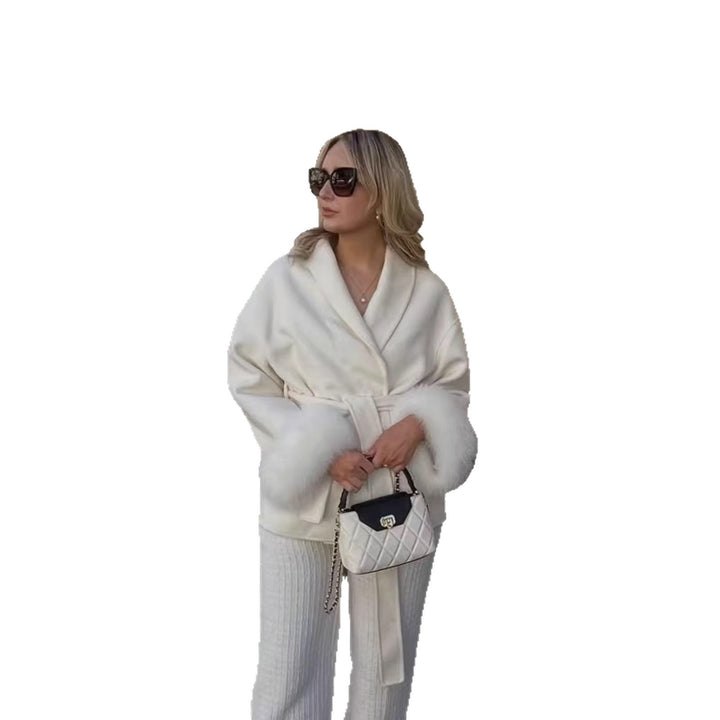 Women's fitted coat with belt tie, shawl collar and voluminous faux fur cuffs Mune Fashion