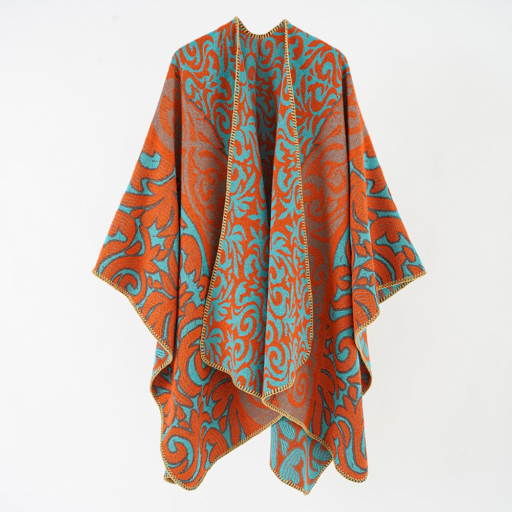 Women's Ornamental Jacquard Cape Poncho with Open Fall and Boxy Silhouette Mune Fashion