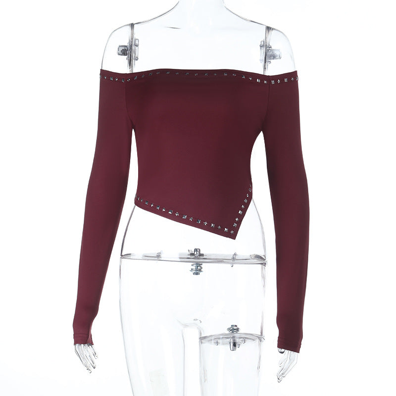 Women Asymmetrical Off-Shoulder Crop Top with Long Sleeves and Studded Trim Mune Fashion