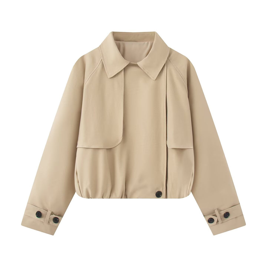 Women Short Trench-Style Blouson with Concealed Button Placket and Drawstring Hem Mune Fashion
