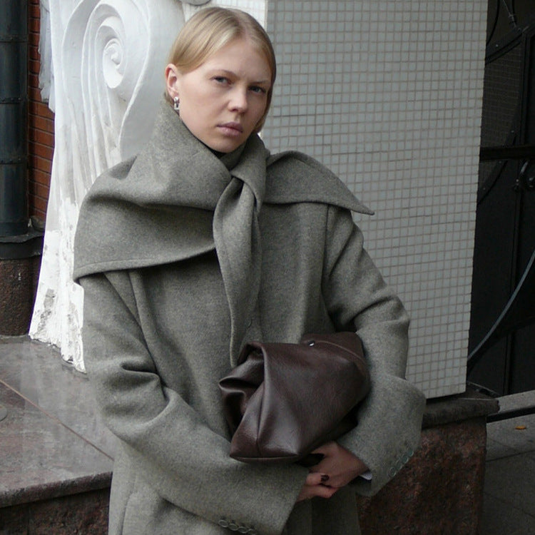 Women's Mid-length Wool Blend Coat with Integrated Loop Scarf Mune Fashion