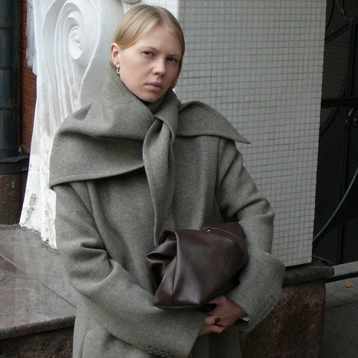 Women's Mid-length Wool Blend Coat with Integrated Loop Scarf Mune Fashion