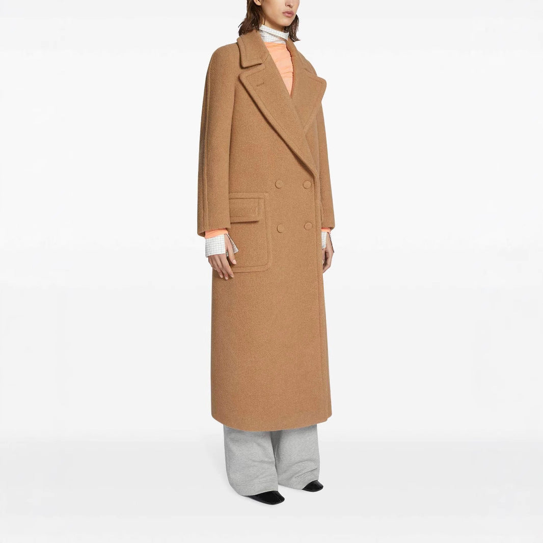 Women's Maxi Double-Breasted Wool Coat with Oversized Lapels and Flap Pockets Mune Fashion