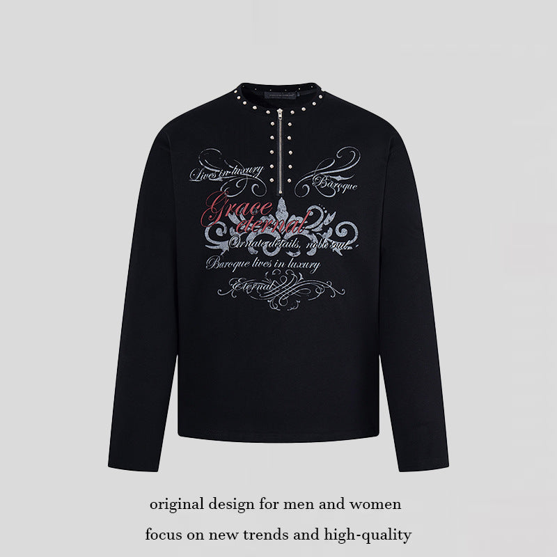 Women's long sleeve shirt with half zipper, studded collar and baroque text print Mune Fashion