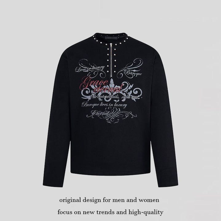 Women's long sleeve shirt with half zipper, studded collar and baroque text print Mune Fashion