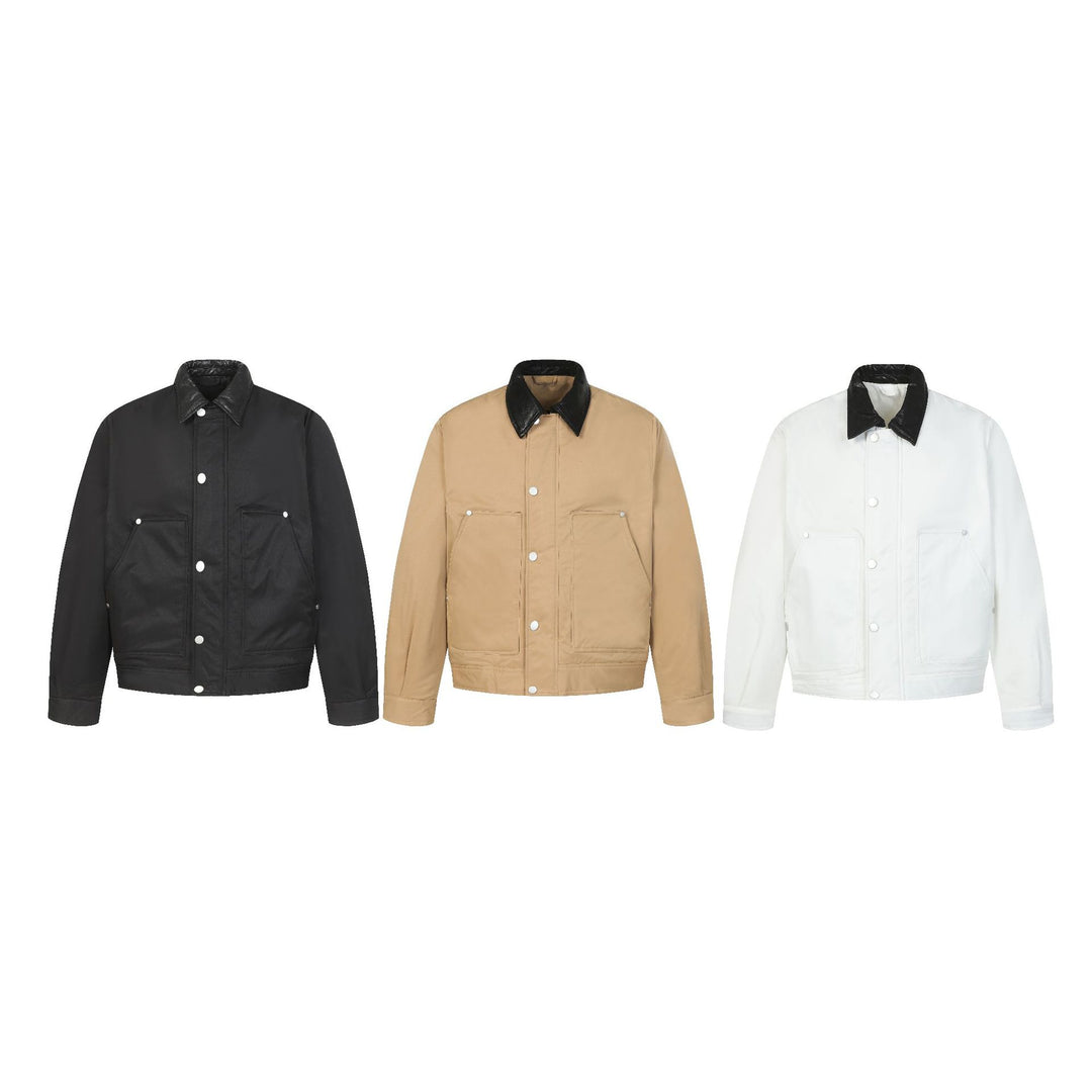 Unisex Short Boxy Quilted Blouson Jacket with Contrasting Leather-Look Collar Mune Fashion