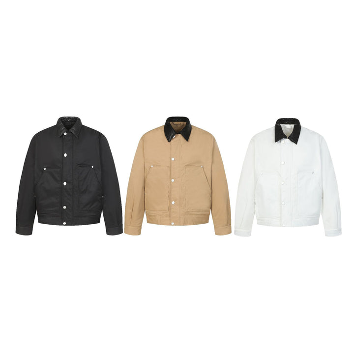Unisex Short Boxy Quilted Blouson Jacket with Contrasting Leather-Look Collar Mune Fashion