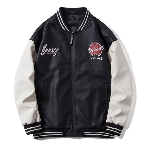 Men's Retro College Bomber Jacket made of Faux Leather with Embroidered Logos and Ribbed Hem Mune Fashion