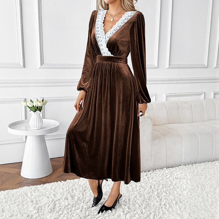 Ladies Elegant Velvet Dress with V-Neck, Lace Trim and Tailored Midi Length Mune Fashion