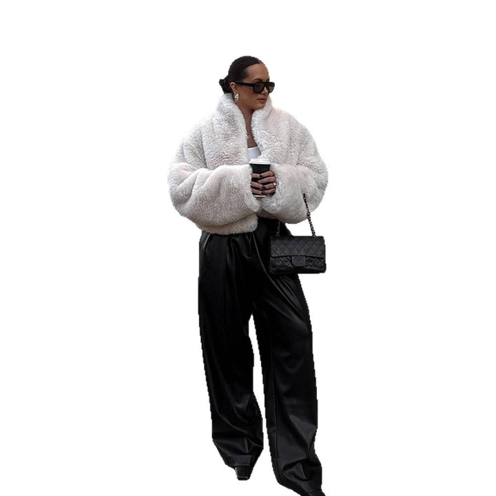 Women's Short Cozy Faux-Fur Bomber Jacket with Voluminous Shawl Collar and Boxy Silhouette Mune Fashion