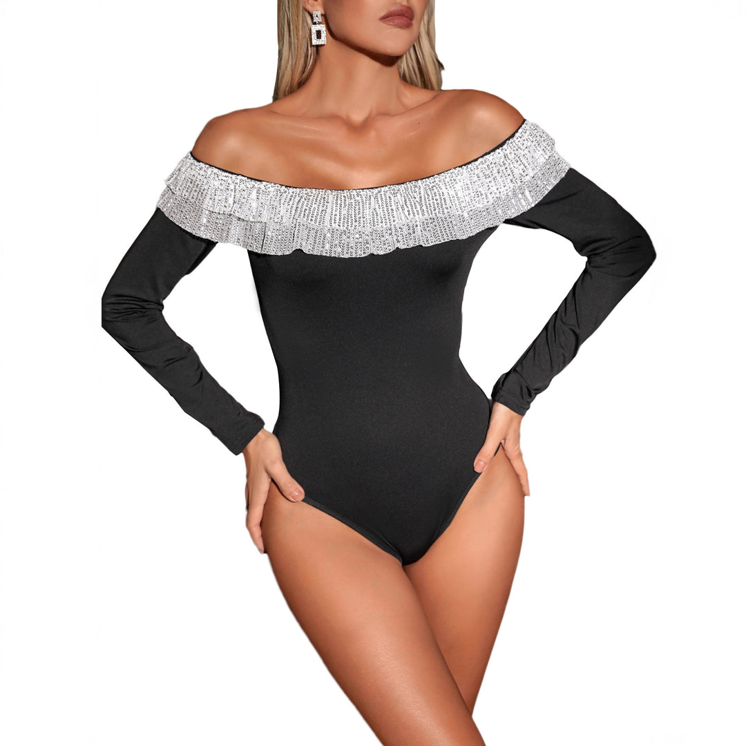 Women's Off-Shoulder Bodysuit with Sequin Ruffle and Long Sleeve Mune Fashion
