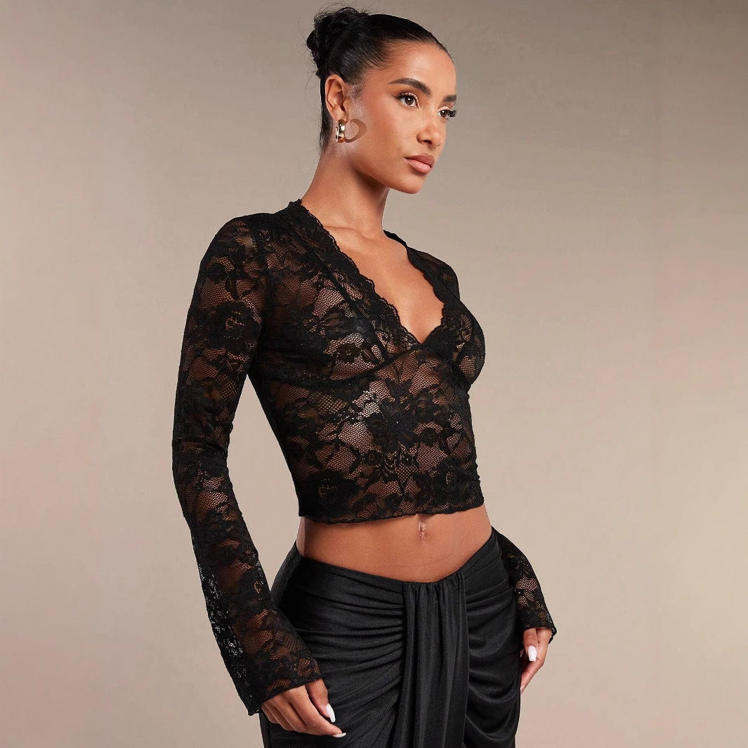 Women's sheer lace blouse with V-neck, tailored and bell sleeves Mune Fashion