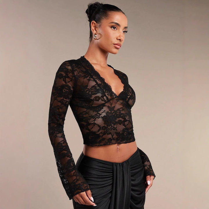 Women's sheer lace blouse with V-neck, tailored and bell sleeves Mune Fashion