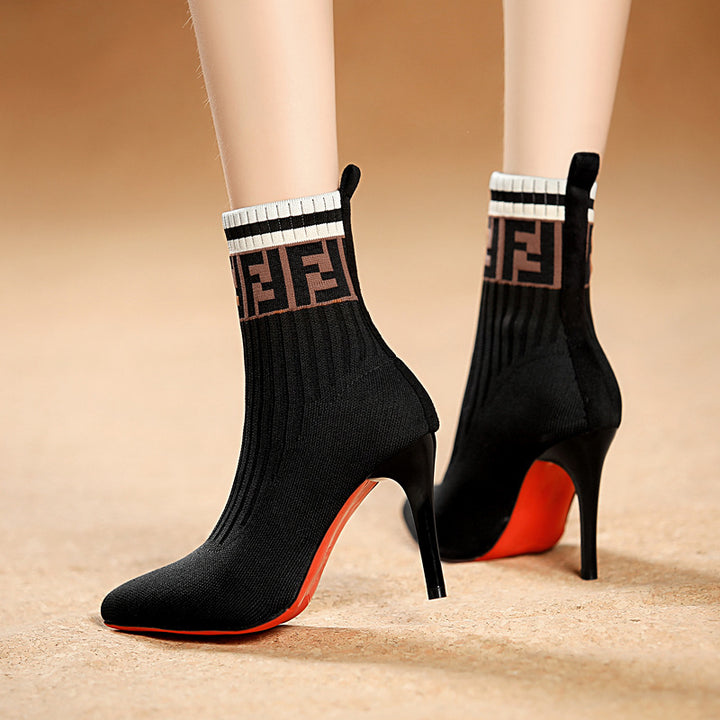 Women's elegant knitted sock ankle boots with slim stiletto heel and elastic shaft Mune Fashion