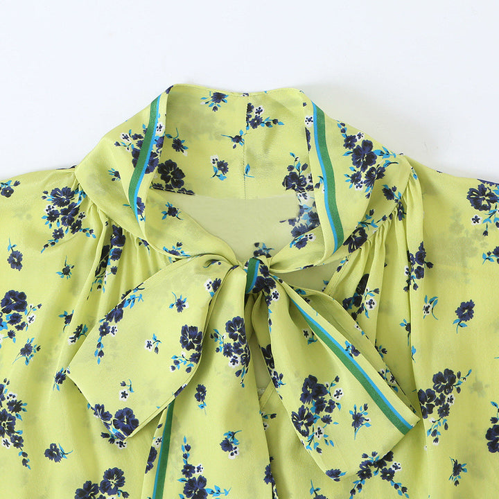 Women's Floral Satin Bow Blouse with Loose Fall and Retro Print Mune Fashion