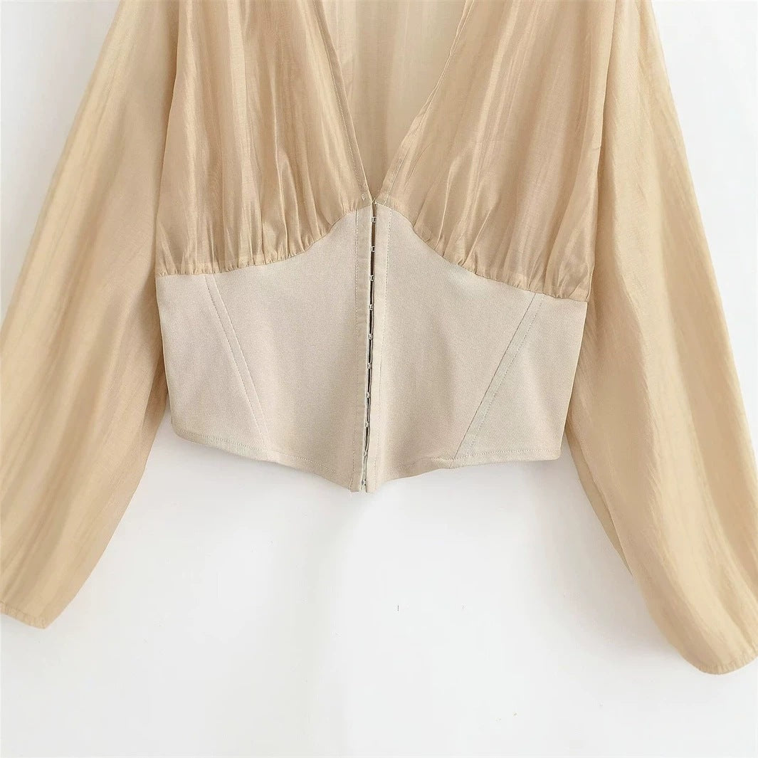 Women's Cropped Chiffon Blouse with Deep V-Neck and Tailored Corset Waist Mune Fashion