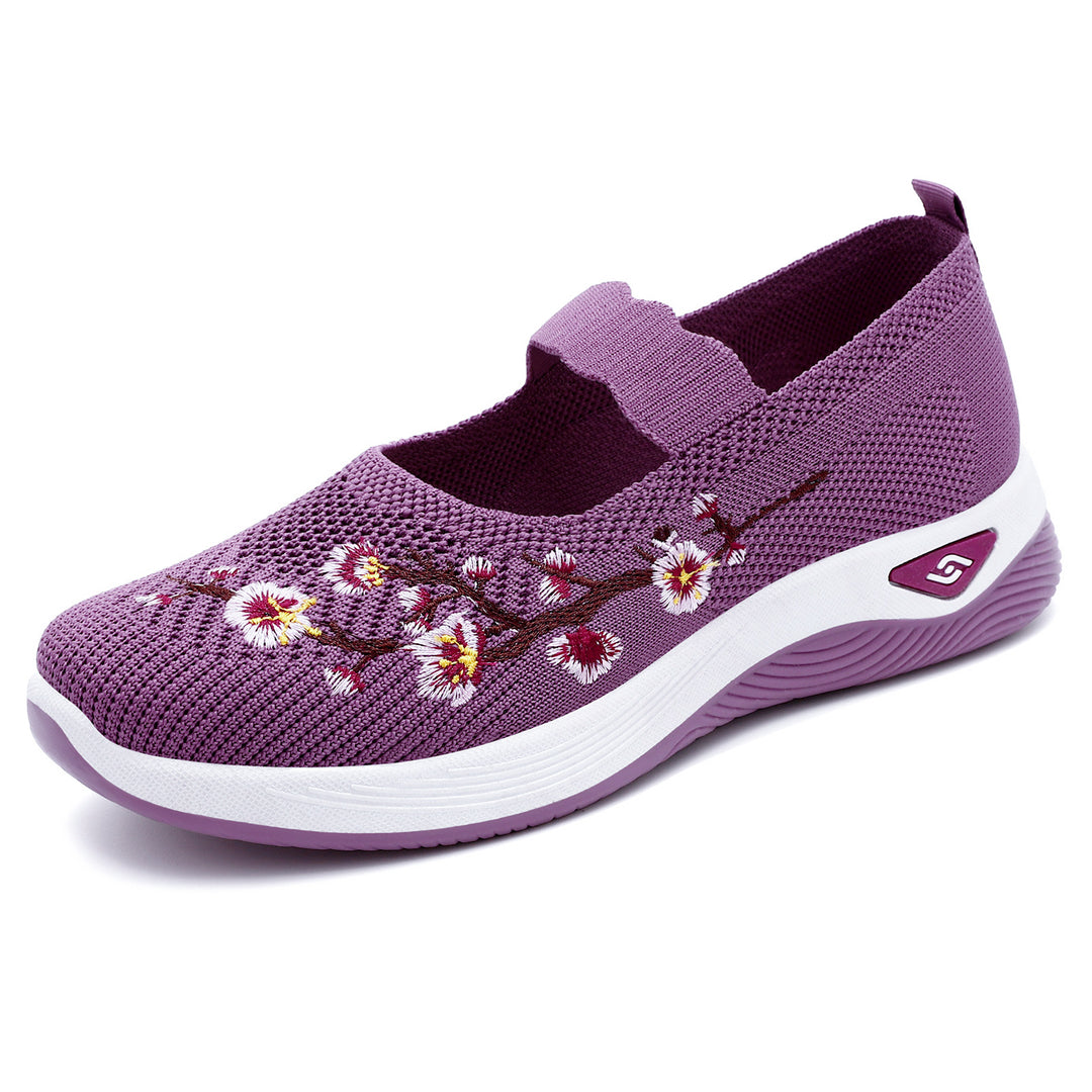 Women nan embroidered knitted slip-on sneakers with Mary Jane straps and shock-absorbing EVA sole Mune Fashion
