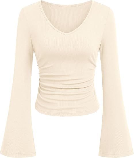 Women's Ribbed Crop Top with V-Neck, Tailored Gathering and Flared Trumpet Sleeves Mune Fashion