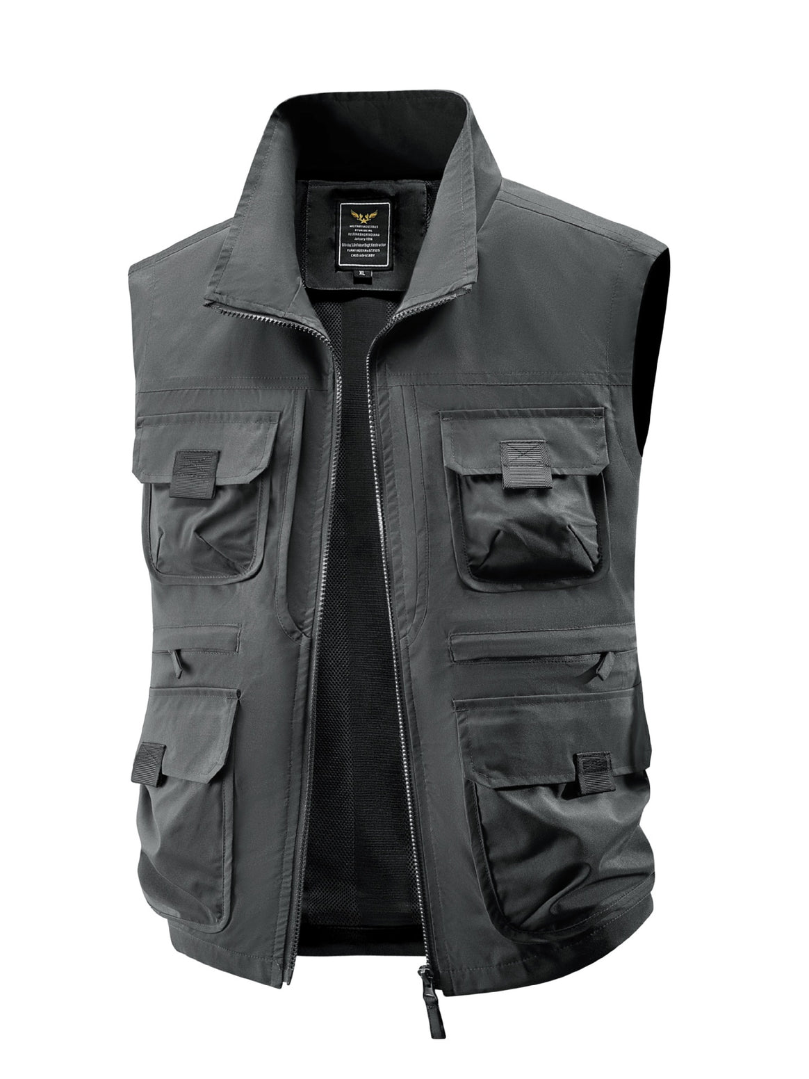 Men's Multi-Pocket Utility Vest with High Collar Two-Way Zipper & Mesh Lining Mune Fashion