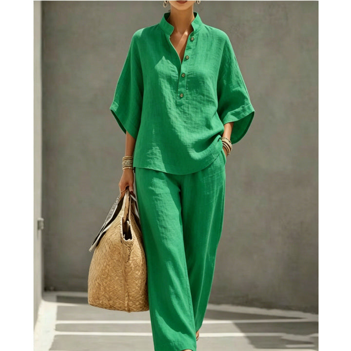 Women's loose linen two-piece with stand-up collar and wide leg Mune Fashion