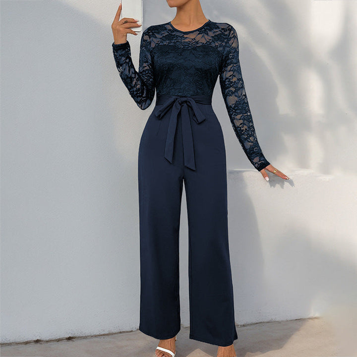 Ladies Elegant Jumpsuit with Lace Top and Fitted Waist Mune Fashion