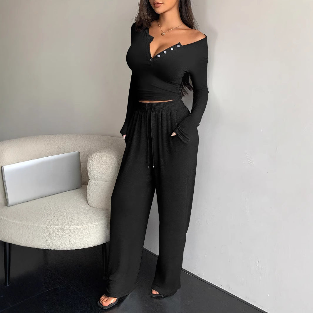 Women Casual Ribbed Knit Lounge Set with Off-Shoulder Henley Top and Wide Jog Pants Mune Fashion
