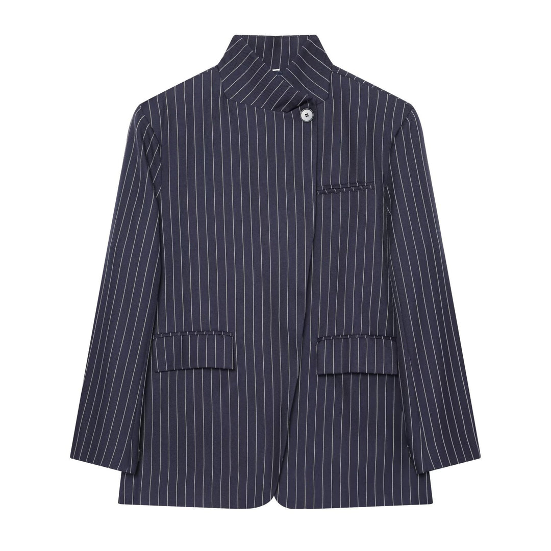 Women Checked Long Blazer with Stand Collar, Concealed Button Placket and Flap Pockets Mune Fashion