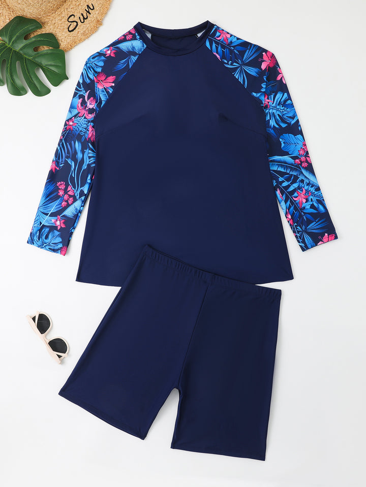Women's UV Protection Surf Suit Set with Long Sleeves and Colorful Leaf Pattern Mune Fashion