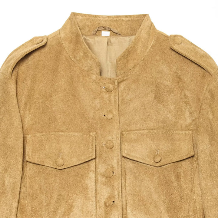 Women's Tailored Suede-Look Jacket in Military Style with Stand-up Collar and Shoulder Straps Mune Fashion