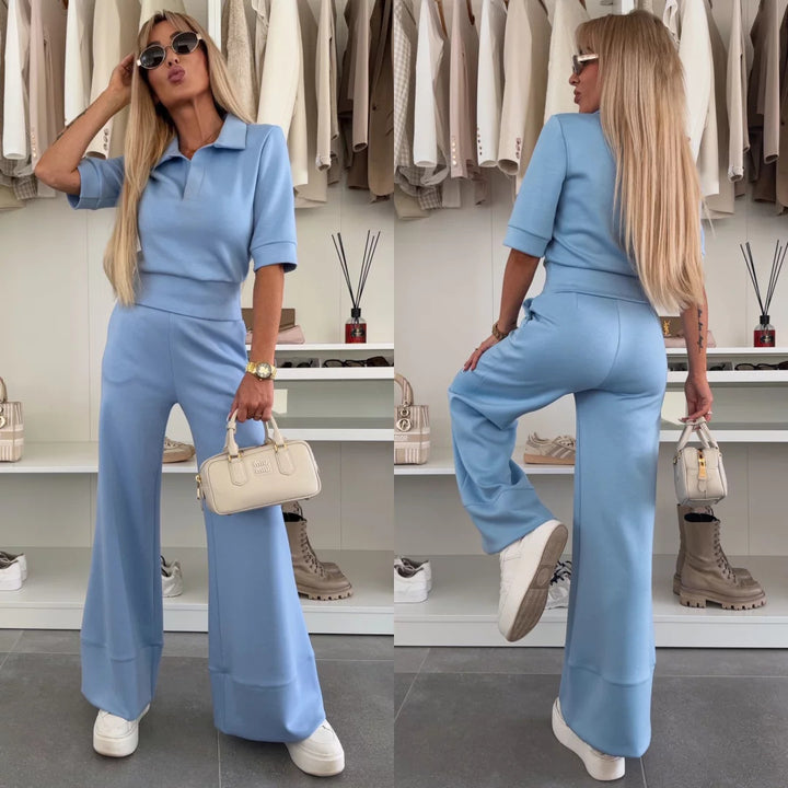 Women Elegant Scuba Loungewear Set with Polo Collar and High Waisted Palazzo Pants Mune Fashion