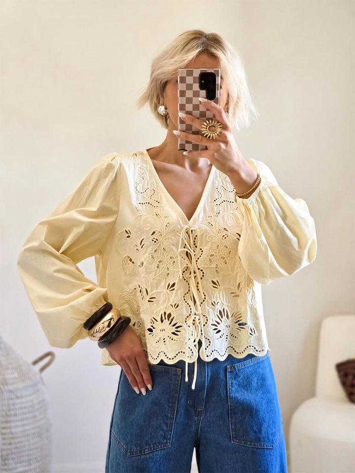 Women's Light Embroidery Anglaise Lace Blouse with V-Neck, Ties and Balloon Sleeves Mune Fashion