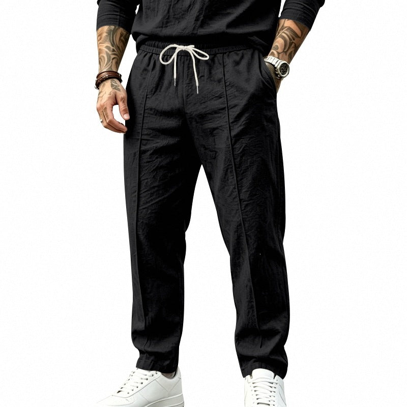 Men's Tapered Casual Pants with Drawstring, Crease and Elastic Hem Mune Fashion