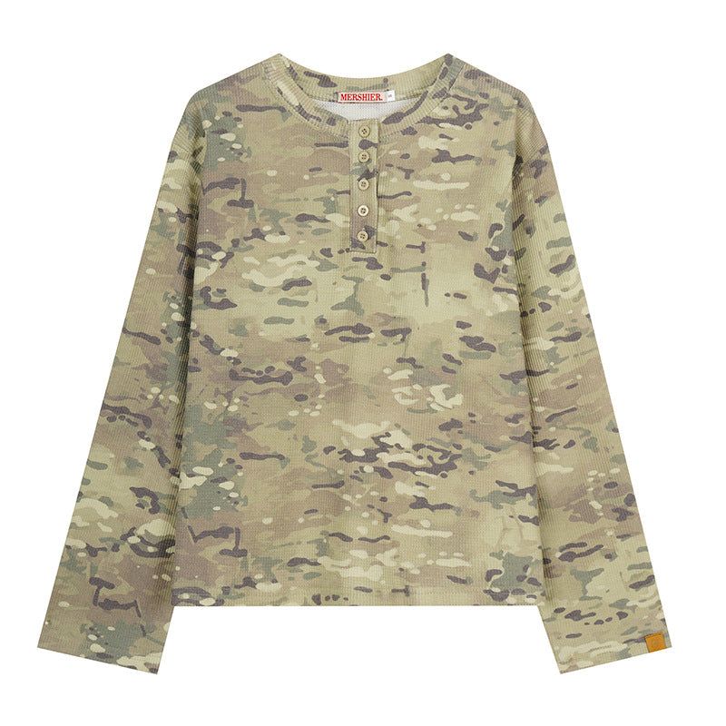 Women's Long Sleeve Henley Shirt in Waffle Knit with Military Camouflage Print and Button Placket Mune Fashion